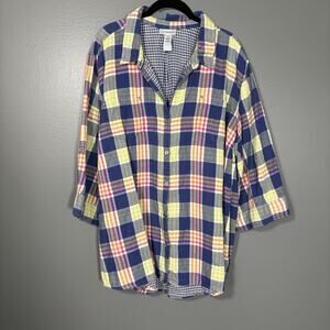 Catherines Blue Picnic Plaid & Gingham Button Up Shirt - 3X - Women's Plus Size